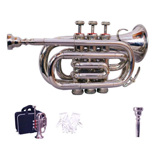 QUEENBRASS Sai Musicals Pocket Trumpet Bb Pitch in Nickel Finish, Student Horn Trumpet for Beginners with Carrying Hard Case & Mouthpiece, Gifting Option for Birthdays, Christmas & Thanksgiving (Silver)