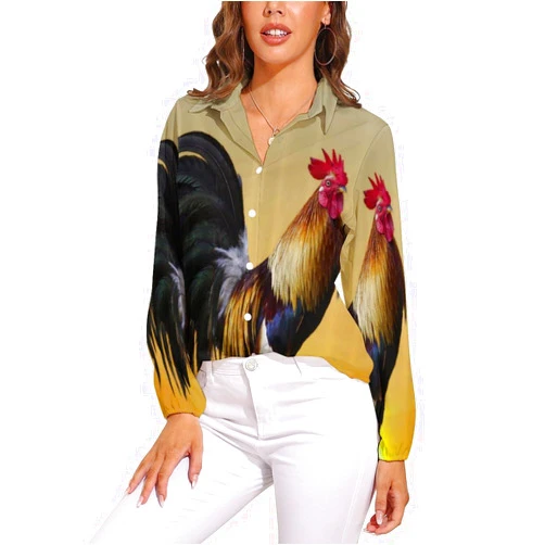 PJHGDAS Rooster Womens Long Sleeve Shirts V Neck Button Down Blouses Casual T-Shirt Tops