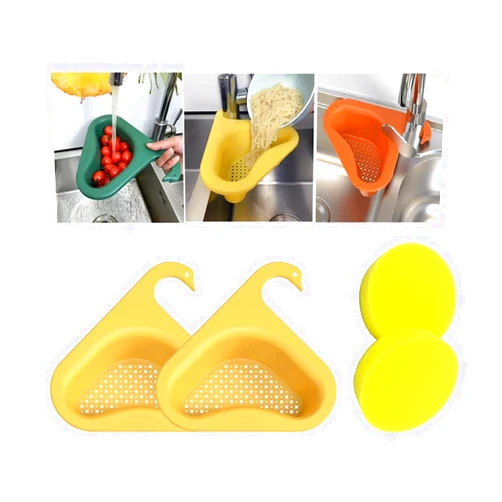 Soccerdog Swan Drain Basket Sink With 2 Pack Reusable Sponge, Kitchen Triangle Filter, Easy To Clean And Install, Corner Strainer Basket, Rack Fits All (2PC-Yellow) 24*26.7*8.2cm