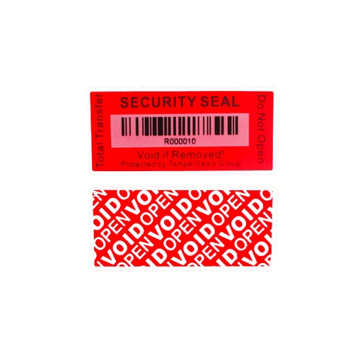 TamperSeals Group 100pcs 25x60mm Red Total Transfer Tamper Evident Security Void Stickers/Labels/Seals with Barcode