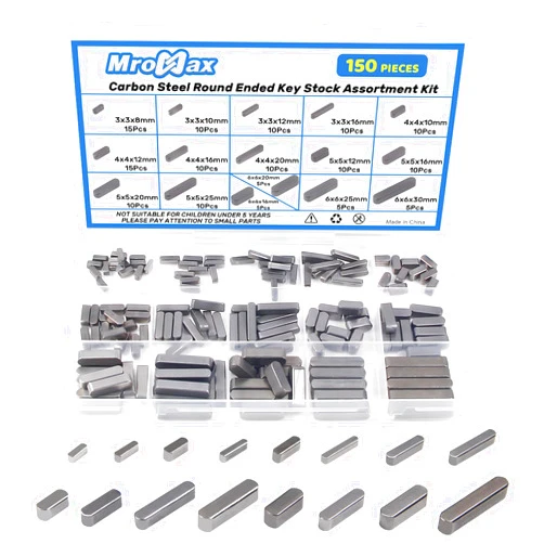 MroMax 150Pcs Round Ended Feather Key 16 Sizes Parallel Drive Shaft Keys Set Carbon Steel Key Stock Assortment Keyway for Golf Carts, Go Carts, Tablesaw Motor Pulley and Smaller Engines(8mm-30mm)