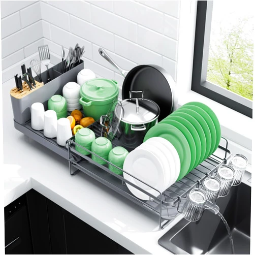 Kitsure Extendable Dish Rack, Large Drying Dish Rack with Cutlery & Cup Holders, Dish Rack and Drainboard Set, Multifunctional Dish Racks for Counter with Drainage 27