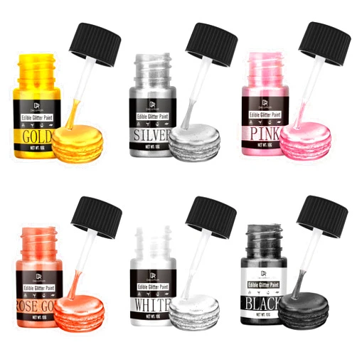 DecorRom Edible Glitter Paint Set - 6 Colors Metallic Edible Cake Paint for Cake Decorating, Baking, Cupcakes, Candy - Food Grade Shimmer Art Decorative Paint Liquid Luster Dust for Cookie, Fondant, Donuts