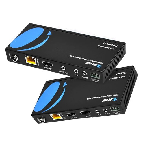 OREI 4K HDMI over Ethernet Extender Balun - HDBaseT UltraHD 4K @ 60Hz 4:4:4 CAT5e/6/7 Cable with HDR, CEC & IR Control, RS-232 Up to 400 Ft Loop Out POC Audio Out (UHD-EXB400R-K)