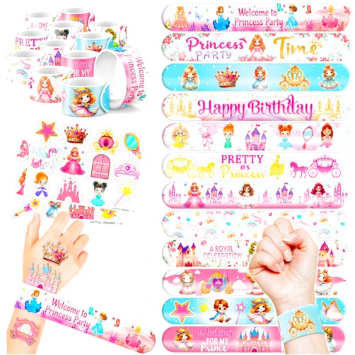Cherisnowy 48 Little Princess 24PCS Little Princess Temporary Tattoos Sticker 24PCS Slap Bracelets Perfect for Themed Birthday Party Favors Baby Showers or Classroom Rewards Ideal Decor and Gifts