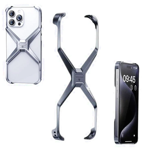 Luizaro X Shape Anti-Fall Bare Phone Case, X Shaped Metal Frame for Iphone, Metal Corner Pad Anti-Fall Phone Case, Aluminum Alloy Frameless Cooling Phone Shell for Iphone 15/14/13 Pro Max(Color:Gray,Size:15pr