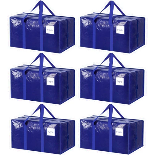 FYGRIP 6 Pack Extra Heavy Duty Large Moving Bags with Strong Zipper & Comfortable Handles, Sturdy & Durable Clothes Storage Bags Totes Bins, Blue Packing Moving Boxes for College Supplies, Dark Blue