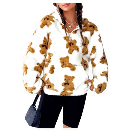 MakeMeChic Women's Fuzzy Cute Graphic Print Zip Long Sleeve Oversized Sweatshirts Hoodies Top