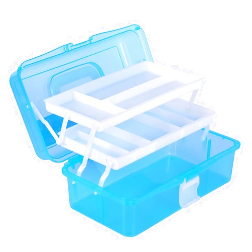 Zhousensen 13in Three-Layer Clear Art Storage Box Craft Organizer, Folding Tool Box with Handle, Art & Crafts Case/Sewing Supplies Organizer for Home School Office Travel (Blue)
