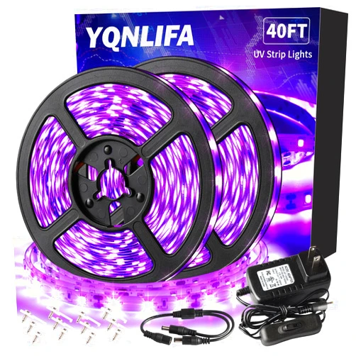 YQNLIFA 40FT/12M Black Light Strip, Blacklight Flexible & Adhesive 720 LED, Black Light for Halloween, Neon Party, Birthday, Display Uranium Vaseline Glass, Posters, Curing Resin, Non-Waterproof Decor
