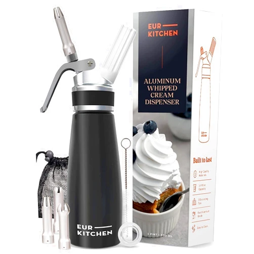 EurKitchen Professional Aluminum Whipped Cream Dispenser - Leak-Free Whip Cream Maker Canister with 3 Decorating Nozzles & Cleaning Brush - 1-Pint / 500 mL Cream Whipper - N2O Chargers (Not Included)