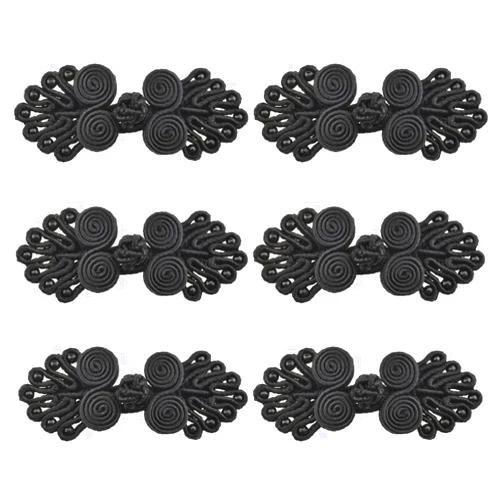 Auleswet 2.36X0.88 Inches Beaded Style Chinese Frog Buttons Consistent Elegant Threads Easy Hand Sew Vibrant Washable Sewing Fasteners Closure Black 6 Pairs for Coat Poncho Jacket Rope Cape Purse Bags