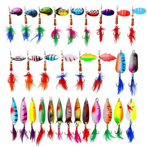 SILANON Rooster Bait Tail Spinner Fishing Lures Kit,30pcs Metal Spoon Lures with Feathered Treble Hooks for Bass Walleye Trout Freshwater Saltwater