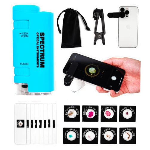 Spectrum Optical Instruments Mini Microscope for Kids,60X - 120X Portable Microscope for Kids, Handheld Microscope with 8 Spicemen Slides, Kids Microscope for Students, Blue Microscope