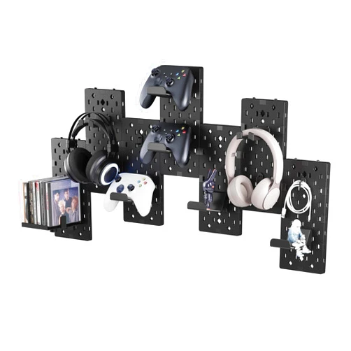 PEGZONE Controller and Headphone Holder Wall Mount, Modular Gaming Pegboard with Accessories, Controller Stand for Xbox PS5 PS4 Switch, Video Game Storage, Disc Shelf Organizer, 7pcs Pegboard, Black