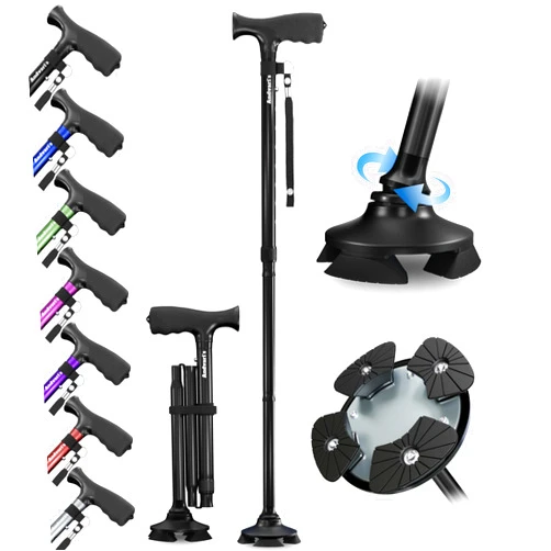 Andvari's Walking Cane for Men & Women – Foldable, Adjustable, Self-Standing Cane with 360° Pivot Base, Comfortable Grip, Heavy Duty Canes for Women, Collapsible Walking Stick with Travel Bag for Seniors Adults