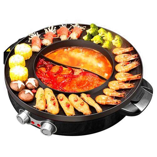 AellerSen Hot Pot Grill Smokeless 2 in 1 Multi-function Electric Hot Pot Split Easy Cleaning Dual Temperature Control Fast Heating Korean BBQ Shabu Party Home for 2-8 People (2200W 110V)