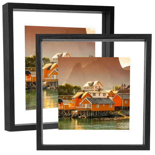 YOTINTIN 10x10 Floating Picture Frame Set of 2, Double Glass Photo Frame Wooden Frame for Wall Mount or Tabletop Displays for 5x7, 6x8, 7x9 inch Pictures, Plane Edge Frames, Black