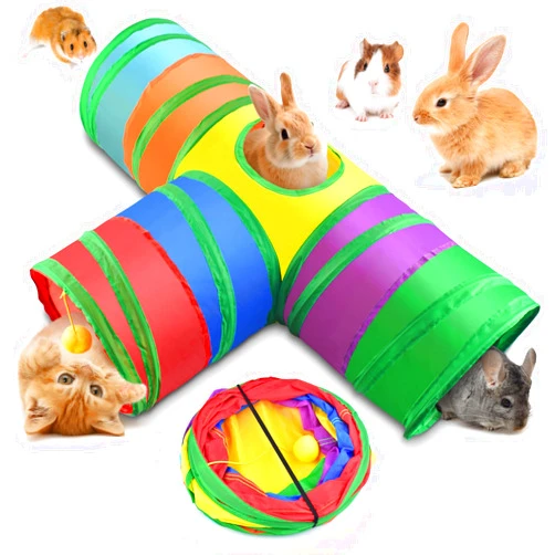 Bissap Rabbit Tunnel, 9.8'' Collapsible Bunny Tunnel and Tube 3 Ways Pet Hideout with 1 Play Ball for Indoor Kittens Dwarf Rabbit Bunny Guinea Pig Chinchilla Small Animal Activity Fun Toy (Rainbow)