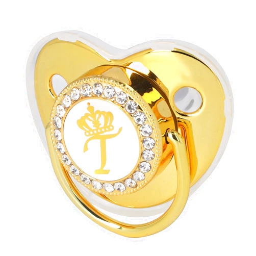Drfeify Baby Pacifier,Rhinestone Night Pacifier with Chain Clip,Portable Exquisite Golden Crown Letter Cute Pacifier for Infant (T)