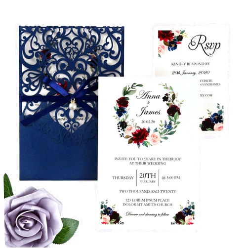 DreamBuilt 5X7.2 Inch 50PCS Personalized Laser Cut Navy Blue Wedding Invitations with RSVP Cards and Envelopes, Wedding Invitation Cards with Ribbon Belly Band Pearl Embellishments