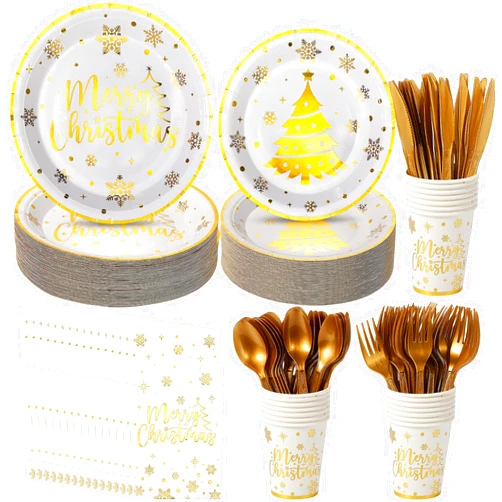 Jectivs 350Pcs Merry Christmas Plates and Napkins Party Supplies,White and Gold Disposable Christmas Tree Snowflake Table Dinnerware Paper Plates Napkins Cups for Holiday Xmas Party Decorations,Serve 50 Guest