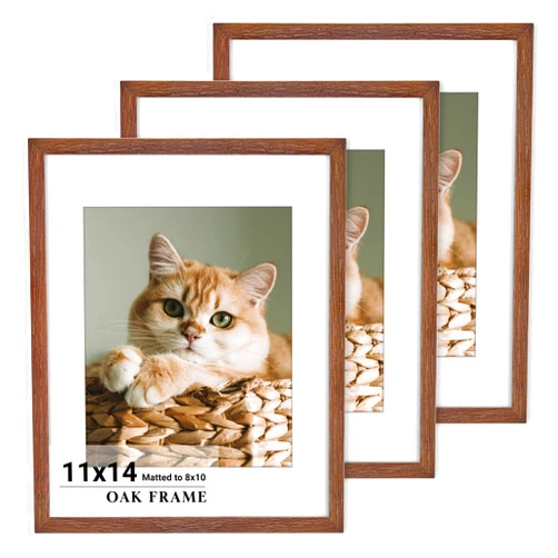 Heimlove 11x14 Picture Frame for wall,Premium Solid Oak Wood Frames Mat for 8x10 Picture & Tempered Glass-11x14 frame for Wall Art Photo and Prints,Tabletop Display family picture-Walnut Color 3 pack