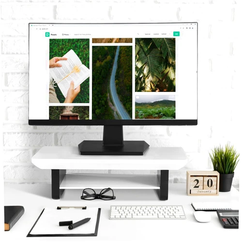 ROCDEER White Monitor Stand Riser for Desk, Sturdy Bamboo 2 Tiers Computer Riser Stand for Desk, Multi-Purpose Desktop Organizer Riser for Computer,Laptop,Printer,TV, White+Black