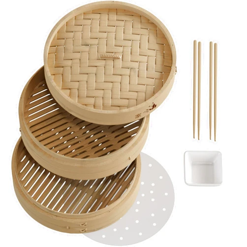 Prime Home Direct Bamboo Steamer Basket 10-inch | 2-Tier Steamer for Cooking | 50 Liners, Chopsticks & Sauce Dish | Dumpling Steamer, Food Steamer Baskets for Cooking - Rice & Vegetable Steamer Pot