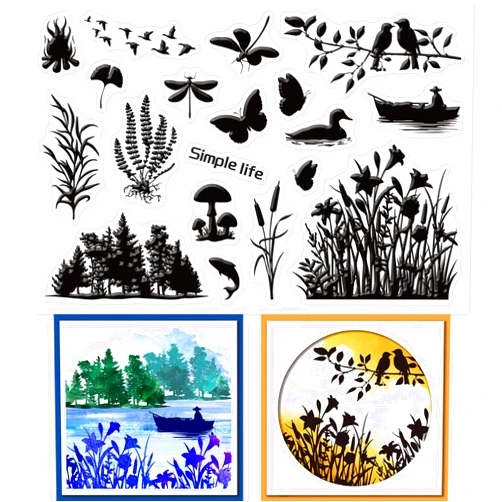 GLOBLELAND Lakeside Scenery Clear Stamps for DIY Scrapbooking Wetland Silhouette Silicone Clear Stamp Seals Transparent Stamps for Cards Making Photo Album Journal Home Decoration