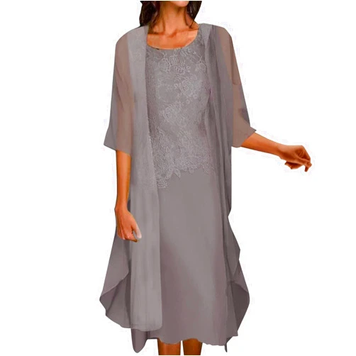 Generic Two Pieces Suit(Dress and Cardigan) for Women Plus Size Fashion Elegant Lace Chiffon Pure Color Dress Lace Fall