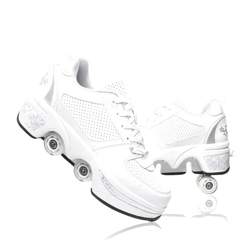 Fashiums 2 in 1 Double-Row Deform Wheel Four Rounds of Running Shoes Roller Skates Skating Shoes Deformation Parkour Shoes Invisible Pulley