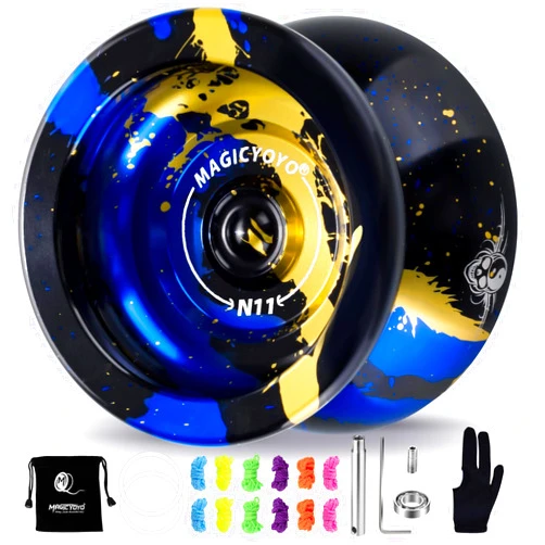 MAGICYOYO N11 Professional Unresponsive Yoyo N11 Dual Purpose Alloy Trick YoYo Ball with Bag, Glove, 12 Strings and Responsive Bearing Kit (Black Blue Yellow)