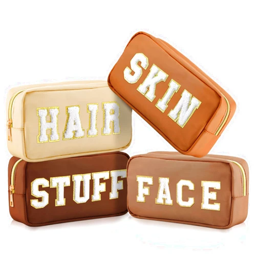 Cunno 4 Pcs Preppy Makeup Bags Chenille Letter Stuff Bag Nylon Cosmetic Pouch Cases with Zipper for Women Travel Toiletry