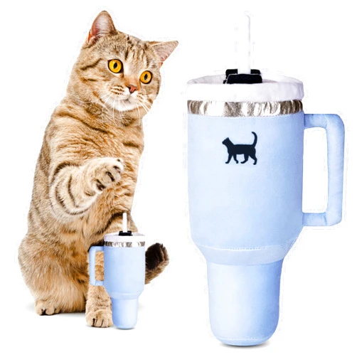 PUPROAR Kitty Cup Tumbler Cat Toy – Funny Cat Birthday Gifts with Catnip & Crinkle Paper, Cute Girl Kitten Toys (Chambray Blue)