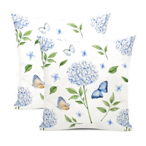 JEFERSO Spring Pillow Covers 16x16 Inch Set of 2, Blue Hydrangea Flower Throw Pillows Spring Summer Decorations Floral Hydrangea Pillowcase Linen Outdoor Decor Farmhouse Cushion Case for Couch Sofa