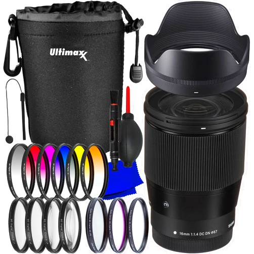 PhoenixPhoto | Sigma Intl Sigma 16mm f/1.4 DC DN Contemporary Lens Canon EF-M + Water-Resistant Neoprene Lens Pouch, 3PC Multi-Coated UV Filter Kit (UV, CPL, FLD), 6PC Gradual Color Filter Kit & Much More (22pc Bundle), Black