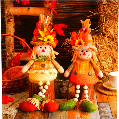 KUFORES Fall Decor 2PCS Glowing Scarecrow Dolls Plush for Tiered Tray Seasonal Decor Autumn Decorations for Home Kitchen Leaves Front Fall Thanksgiving Harvest Table Decorations