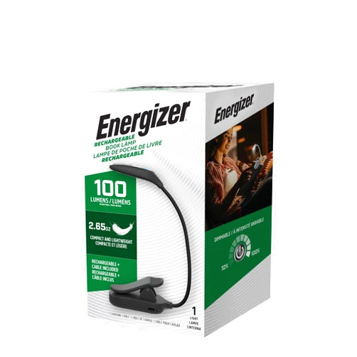 Energizer Rechargeable LED Book Light, Clip On Reading Light with Flexible Neck for Reading in Bed, Micro-USB Charging Cable Included, Pack of 1, Black