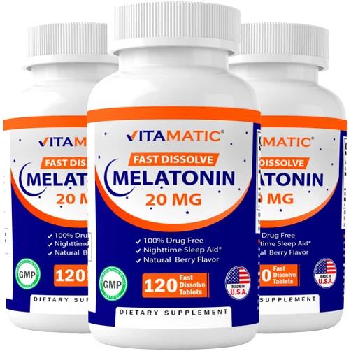 Vitamatic Melatonin 20 mg Tablets | Vegetarian, Non-GMO, Gluten Free | HIGH Potency 20 MG | Natural Berry Flavor (1/2 Tablets = Melatonin 10 mg) (120 Count (Pack of 3))
