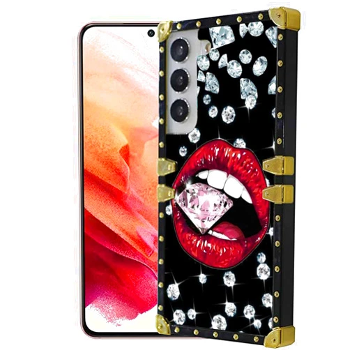Stewing prerog Compatible with Samsung Galaxy S21 FE 5G Square Case, Glitter Diamond Red Lips Luxury Golden Decoration for Samsung Case Girls Women, Soft TPU and Hard PC Back Trendy Protective Cover Case