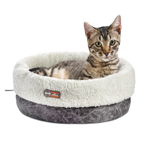 K&H Pet Products Heated Cat Bed Indoor, Thermo-Snuggle Cup Bomber Soft Heated Pet Bed for Large Indoor Cats and Small Dogs, Machine Washable, Waterproof Heated Pad, Safety Listed - 14x18in Gray