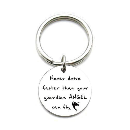 XGAKWD Never Drive Faster Than Your Guardian Angel Can Fly Keychain, Sweet 16 Gifts, Gift Ideas for New Driver, Son, Daughter