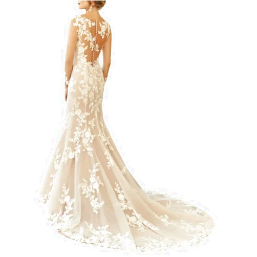 JIANRUIY Mermaid Elegant Wedding Dress Illusion Neck Long Sleeve Court Train Tulle Bridal Gowns with Embroidery 2024
