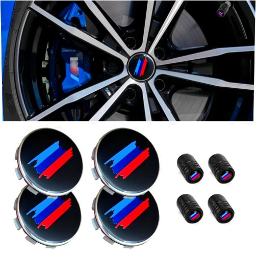 QOMAGO 4PCS M 3 Color Wheel Center caps with Same Logo tire Valve caps Cover Original Vehicle Replacement 2.7in/68mm Center Wheel hub Rim Cover