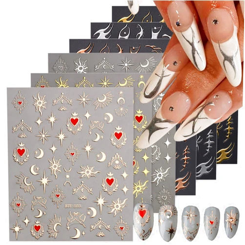 KRTBKR 6 Sheets Sun Star Nail Art Stickers Moon Nail Stickers Fish Bone Nail Decals Gold Rose Sliver Fish Bone Moon Star Design Nail Art Supplies for Women Girls Acrylic Nails Decorations Salon Accessories