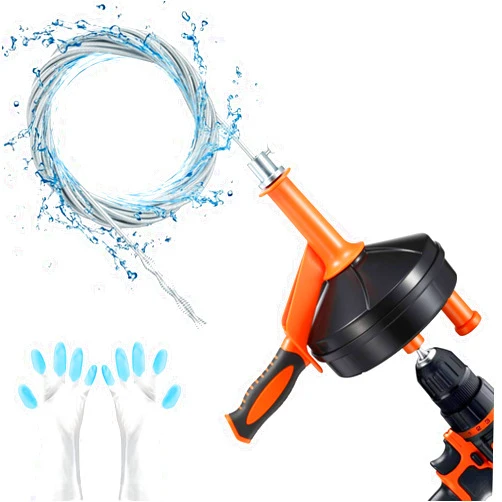 Breezz Drain Auger, Breezz Clog Remover with Drill Adapter, 25 Feet Flexible Plumbing Snake Use Manually or Powered for Kitchen,Bathrom and Shower Sink, Comes with Gloves(Orange)