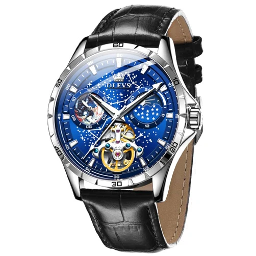 OLEVS Mens Leather Watches Automatic Mechanical Skeleton Tourbillon Diamond Luxury Self Winding Dress Wrist Watches Moon Phase Waterproof Luminous