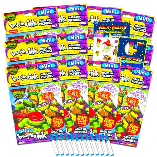 NINJA TURTLES Teenage Mutant Ninja Turtes Imagine Ink Coloring Book Set for Kids - 12 Pack No-Mess Magic Ink TMNT Coloring Books with Rex-Man Stickers and Door Hanger (TMNT Party Supplies Party Favors Bundle)