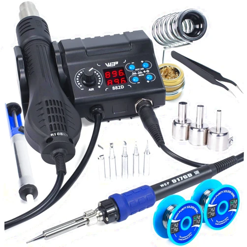 WEP 882D Soldering Iron Station 2-IN-1 SMD Hot Air Rework Station with 2 Spools of Solder Wire, 5 Soldering Tips, 3 Hot Air Nozzles, Brass Wool Tip Cleaner, Tweezers, Desoldering pump